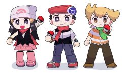 Rule 34 | 1girl, 2boys, :d, bad id, bad twitter id, barry (pokemon), beanie, black hair, blonde hair, boots, brown eyes, brown footwear, brown pants, closed mouth, commentary request, creatures (company), dawn (pokemon), dress, flat chest, frown, full body, game freak, hat, holding, holding poke ball, long hair, looking at viewer, lucas (pokemon), multiple boys, nintendo, open mouth, pants, pink footwear, poke ball, poke ball (basic), pokemon, pokemon dppt, red footwear, red headwear, riybzbz, shoes, simple background, smile, standing, white background, white headwear