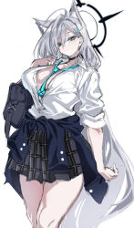 Rule 34 | 1girl, animal ears, bag, between breasts, blue archive, blue eyes, blue necktie, breasts, cat ears, cle masahiro, clothes around waist, cowboy shot, grey hair, hair between eyes, halo, highres, jacket, jacket around waist, large breasts, long hair, looking at viewer, necktie, necktie between breasts, open clothes, open shirt, plaid, plaid skirt, school uniform, shiroko (blue archive), shiroko terror (blue archive), shirt, shoulder bag, simple background, skirt, solo, white background, white shirt