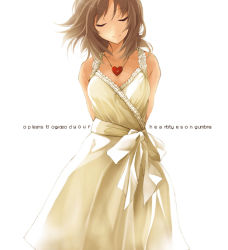 Rule 34 | 1girl, arms behind back, bare shoulders, brown hair, closed eyes, collarbone, dress, gem, heart, heart necklace, jewelry, mixed-sex bathing, necklace, original, pendant, shared bathing, short hair, simple background, sleeveless, sleeveless dress, solo, sundress, text focus, wakatsuki sana, white background