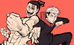 Rule 34 | 2boys, black hair, couple, fighting stance, highres, incoming attack, incoming punch, itadori yuuji, jujutsu kaisen, male focus, mitinobanana, multiple boys, muscular, muscular male, outstretched arm, pectorals, punching, scar, scar across eye, short hair, side-by-side, sideburns, topless male, toudou aoi (jujutsu kaisen), undercut, unfinished