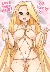 Rule 34 | 1girl, absurdly long hair, bad id, bad tumblr id, blonde hair, breasts, breasts apart, buck teeth, disney, english text, freckles, frying pan, green eyes, hair bondage, heart, heart-shaped pupils, heart background, highres, large breasts, long hair, looking at viewer, nipples, nude, open mouth, pussy, rapunzel, rapunzel (disney), shibari, slugbox, smile, solo, symbol-shaped pupils, tangled, teeth, uncensored, very long hair