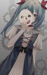 Rule 34 | bad id, bad pixiv id, blood, blue eyes, blue hair, blush, bow, choker, clown mask, covered mouth, cross-laced clothes, dress, floating hair, gears, hair ornament, hand up, hatsune miku, highres, holding, holding mask, karakuri pierrot (vocaloid), light particles, long hair, looking down, mask, mask over one eye, nail polish, nonda., one eye covered, short sleeves, tears, twintails, vocaloid, waist bow