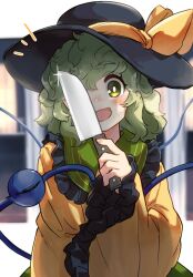 Rule 34 | 1girl, :d, blurry, blurry background, blush, bright pupils, fingernails, frilled shirt collar, frills, glint, green eyes, green hair, hand up, hat, highres, holding, holding knife, knife, komeiji koishi, looking at viewer, medium hair, messy hair, nose blush, one eye covered, open mouth, shirt, smile, solo, third eye, touhou, uisu (noguchipint), wavy hair, white pupils, wide sleeves, yandere, yellow shirt