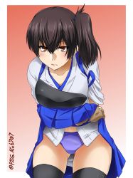 Rule 34 | 1girl, akito (sub707), black thighhighs, blue hakama, blue panties, border, brown eyes, brown hair, clothes lift, commentary request, cowboy shot, gradient background, hakama, hakama lift, hakama short skirt, hakama skirt, highres, japanese clothes, kaga (kancolle), kantai collection, leaning forward, lifting own clothes, long hair, muneate, one-hour drawing challenge, panties, red background, side ponytail, skirt, solo, tasuki, thighhighs, twitter username, underwear, white border