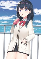 Rule 34 | 10s, 1girl, :o, black hair, blue sky, blush, bow, bowtie, cardigan, cloud, day, drink, drinking straw, gridman universe, hand in pocket, highres, looking at viewer, open mouth, outdoors, purple eyes, red bow, red bowtie, shirt, short hair, sky, solo, ssss.gridman, standing, takarada rikka, thighs, white cardigan, white shirt, yukarite