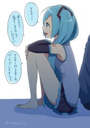 Rule 34 | 1girl, back-to-back, blue theme, hatsune miku, long hair, nokuhashi, simple background, sitting, skirt, solo focus, tattoo, translated, very long hair, vocaloid, white background