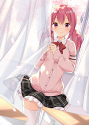 Rule 34 | 1girl, artist name, bekotarou, blush, bow, bowtie, cardigan, character name, cherry blossoms, commentary request, curtain grab, curtains, desk, frilled skirt, frills, hasegawa urumi, highres, holding, indoors, kaitori oukoku, looking at viewer, mascot, original, petals, pink eyes, pink hair, revision, school desk, shirt, skirt, smile, solo, thighhighs, twintails, white thighhighs, wind, window, zettai ryouiki