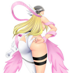 Rule 34 | 1girl, adjusting clothes, angewomon, armor, ass, ass cutout, asymmetrical ass, asymmetrical ass cutout, bare shoulders, blonde hair, blush, bodysuit, breasts, clothing cutout, digimon, fingernails, from behind, gloves, half ass, helmet, highres, large breasts, long hair, looking back, parted lips, revealing clothes, shawl, shiny skin, sideboob, single glove, skin tight, solo, soukichi, thigh strap, very long hair, wings