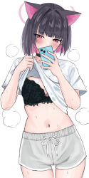 Rule 34 | 1girl, animal ears, black bra, black choker, black hair, blue archive, blush, bob cut, bra, bra visible through clothes, breasts, cat ears, choker, clothes lift, colored inner hair, commentary request, hair intakes, halo, highres, holding, holding phone, kazusa (blue archive), lace, lace bra, large breasts, lifting own clothes, looking at phone, medium hair, multicolored hair, navel, phone, pink eyes, pink hair, pink halo, selfie, shirt, shirt lift, short sleeves, shorts, simple background, solo, steaming body, stomach, sweat, t-shirt, thighs, tsumayouji (tumayog), two-tone hair, underwear, white background, white shirt, white shorts