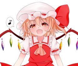 Rule 34 | 1girl, :d, absurdres, arms at sides, ascot, asymmetrical wings, blonde hair, dress, fang, flandre scarlet, hat, highres, looking at viewer, mob cap, musical note, open mouth, pinako (3357633), puffy short sleeves, puffy sleeves, red dress, red eyes, short hair, short sleeves, side ponytail, smile, solo, spoken musical note, touhou, transparent background, wings