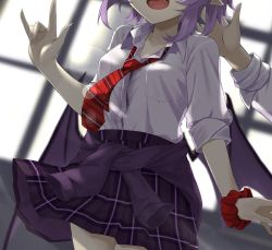 Rule 34 | 1girl, 1other, akisome hatsuka, alternate costume, black skirt, collarbone, collared shirt, head out of frame, indoors, long sleeves, necktie, open mouth, plaid, plaid skirt, pointy ears, purple hair, red necktie, remilia scarlet, school uniform, shirt, short hair, single wrist cuff, skirt, solo focus, striped necktie, touhou, white shirt, wrist cuffs