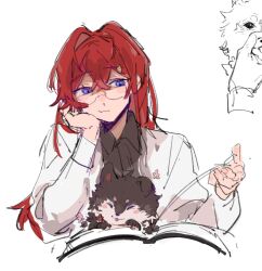Rule 34 | 1girl, ange katrina, animalization, black shirt, blue eyes, book, chinese commentary, coat, commentary request, dog, flower, glasses, hair intakes, highres, inui toko, lab coat, lingyi, long hair, long sleeves, nijisanji, pink flower, red hair, shirt, smile, solo, upper body, virtual youtuber, white coat