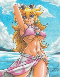 Rule 34 | 1girl, 2018, arm behind head, armpits, artist name, beach, bikini, blonde hair, blue eyes, breasts, cleavage, highres, large breasts, legs, long hair, looking at viewer, mario (series), mary janes, navel, nintendo, ocean, parted lips, princess, princess peach, ravernclouk design, sarong, shoes, smile, solo, sunglasses on head, super mario odyssey, swimsuit, thighs, traditional media, water