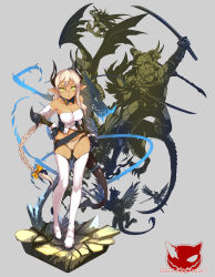 Rule 34 | 3boys, 3girls, absurdres, axe, bare shoulders, blonde hair, boots, braid, dark skin, dual wielding, green eyes, griffin, hair ribbon, highres, holding, horns, multiple boys, multiple girls, pixiv fantasia, realmbw, ribbon, shield, single braid, sword, thigh boots, thighhighs, weapon, windforcelan, wings, zorn dio