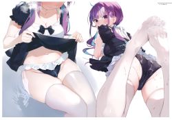 Rule 34 | 1girl, absurdres, ahoge, ass, black panties, breasts, cleavage, colored inner hair, gaou (umaiyo puyoman), highres, hololive, lifting own clothes, long hair, looking at viewer, looking back, lying, maid, maid one-piece swimsuit, minato aqua, multicolored hair, multiple views, on stomach, panties, purple eyes, purple hair, scan, see-through, stomach, thighhighs, thighs, twintails, two-tone hair, unconventional maid, underwear, virtual youtuber, water drop, white thighhighs