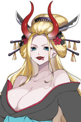 Rule 34 | 1girl, bare shoulders, black kimono, black maria (one piece), blonde hair, blue eyes, breasts, cleavage, collarbone, crazy otama, earrings, eyelashes, highres, horns, japanese clothes, jewelry, kimono, large breasts, long hair, looking at viewer, nihongami, oiran, one piece, red lips, sash, solo, tongue, tongue out, upper body