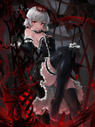 Rule 34 | 1girl, absurdres, animal, bare shoulders, bat (animal), black gloves, black skirt, black thighhighs, breasts, bridal garter, buttons, cleavage, crown, crystalherb, detached collar, elbow gloves, gloves, hand on own knee, head wings, highres, holding, holding weapon, lips, looking at viewer, maid, medium breasts, no shoes, original, parted lips, polearm, red eyes, shiny clothes, short hair, silver hair, skirt, solo, spear, thighhighs, weapon, wings, wrist cuffs