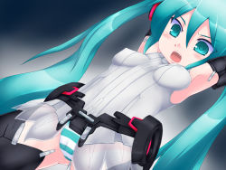 Rule 34 | armpits, arms up, bad id, bad pixiv id, green eyes, green hair, hatsune miku, hatsune miku (append), highres, long hair, open mouth, orebelt, panties, solo, striped clothes, striped panties, thighhighs, twintails, underwear, very long hair, vocaloid, vocaloid append