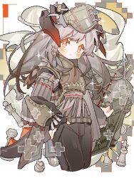 Rule 34 | 1girl, arknights, armor, black pants, blush, borrowed design, bright pupils, chess piece, clothing request, grey headwear, hand on own hip, highres, looking at viewer, orange eyes, pants, pixelated, plus sign, saria (arknights), saucer (saucer752), shield, solo, star-shaped pupils, star (symbol), symbol-shaped pupils, white pupils