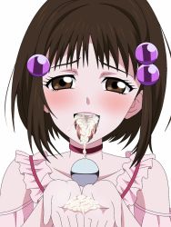 Rule 34 | 1girl, beads, brown eyes, brown hair, choker, collarbone, cum, cum in mouth, cum on tongue, cupping hands, dress, female focus, hair beads, hair ornament, highres, kh-fullhouse, lips, looking at viewer, namco, open mouth, own hands together, reala (tales), short hair, simple background, solo, tales of (series), tales of destiny 2, teeth, tongue, tongue out, upper body, upper teeth only, white background