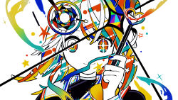 Rule 34 | + +, 1girl, abstract, absurdres, black shirt, blue nails, closed mouth, color wheel, colored skin, colorful, commentary, floating hair, hand up, highres, holding, holding pen, jewelry, long hair, long sleeves, looking at viewer, machigami yoh, multicolored eyes, multicolored hair, nail polish, necklace, no nose, orange eyes, original, paint splatter, pen, portrait, shirt, simple background, smile, solo, sparkle, star (symbol), straight-on, white background, white skin, xp-pen
