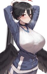 Rule 34 | 1girl, absurdres, arms behind head, black choker, black hair, black wings, blue archive, blue jacket, blue shorts, blush, breasts, choker, closed mouth, collarbone, commentary, feathered wings, goback, gym shirt, gym shorts, gym uniform, hair between eyes, hair up, halo, hasumi (blue archive), hasumi (track) (blue archive), highres, huge breasts, jacket, large wings, long hair, looking at viewer, low wings, mole, mole under eye, official alternate costume, open clothes, open jacket, partially unzipped, ponytail, red eyes, red halo, shirt, shorts, simple background, solo, standing, sweatdrop, track jacket, white background, wings