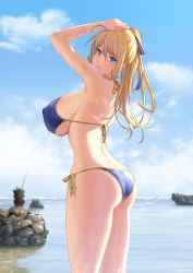 Rule 34 | 1girl, absurdres, arms up, ass, back, bare shoulders, bikini, blonde hair, blue bikini, blue eyes, blue sky, breasts, cloud, covered erect nipples, from behind, hair ribbon, halterneck, high ponytail, highres, kaitofuuma, large breasts, original, outdoors, parted lips, ponytail, ribbon, rock, side-tie bikini bottom, sideboob, sky, solo focus, standing, swimsuit, water, waves