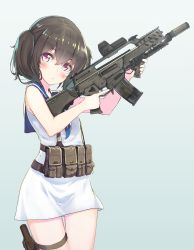 Rule 34 | 1girl, absurdres, assault rifle, blush, flashlight, gun, h&amp;k g36, highres, holding, holding gun, holding weapon, holographic weapon sight, looking at viewer, oota youjo, original, reflector sight, rifle, sight (weapon), solo, suppressor, tactical light, thigh strap, trigger discipline, weapon