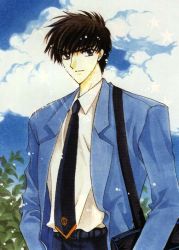 Rule 34 | 1990s (style), 1boy, cardcaptor sakura, clamp, cloud, kinomoto touya, male focus, necktie, outdoors, retro artstyle, school uniform, sky, solo