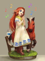 Rule 34 | 1girl, blue eyes, boots, bottle, brown hair, dress, epona, figure, grass, grey background, highres, horse, long hair, malon, milk bottle, mizore akihiro, music, musical note, nintendo, open mouth, own hands together, pointy ears, red hair, romani (zelda), signature, simple background, singing, the legend of zelda, the legend of zelda: majora&#039;s mask, the legend of zelda: ocarina of time, translation request