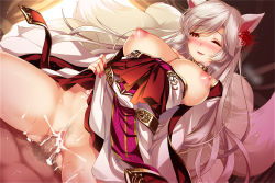 Rule 34 | 1boy, 1girl, animal ears, blush, breasts, breasts out, censored, clothed female nude male, clothed sex, cowgirl position, cum, cum in pussy, cum overflow, dutch angle, female pubic hair, flower, flower knight girl, fox ears, fox tail, game cg, girl on top, hair flower, hair ornament, happy sex, hetero, higanbana (flower knight girl), huge breasts, japanese clothes, long hair, monety, mosaic censoring, multiple tails, nail polish, nipples, nude, official art, one eye closed, penis, pubic hair, puffy nipples, red eyes, red nails, sex, shiny skin, smile, solo focus, spider lily, spread legs, straddling, sweat, tail, thighs, vaginal, white hair