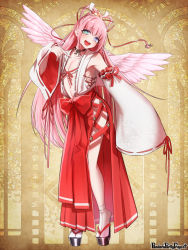 Rule 34 | 1boy, :d, aqua eyes, black footwear, copyright name, detached sleeves, feathered wings, full body, hand up, heterochromia, long hair, morino bambi, open clothes, open mouth, original, pandora party project, pink hair, red ribbon, ribbon, ribbon-trimmed sleeves, ribbon trim, smile, trap, white footwear, wide sleeves, wings, yellow background