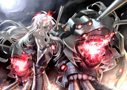 Rule 34 | 10s, 1girl, abyssal ship, armor, breasts, energy, glowing, hair censor, hair over one eye, igneous25, kantai collection, long hair, machinery, navel, pale skin, personification, red eyes, southern ocean war princess, standing, teeth, topless, very long hair, white hair