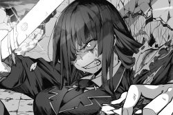 Rule 34 | 1girl, breasts, clenched teeth, collared shirt, commentary request, glint, greyscale, holding, holding sword, holding weapon, injury, jacket, long hair, monochrome, necktie, nizitaro, protagonist 2 (housamo), rubble, ruins, school uniform, shirt, slit pupils, solo, sweat, sword, teeth, tokyo houkago summoners, torn clothes, torn jacket, upper body, weapon