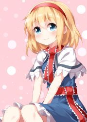 Rule 34 | 1girl, alice margatroid, ascot, blonde hair, blue dress, blue eyes, blush, capelet, closed mouth, commentary request, dress, feet out of frame, frilled ascot, frilled sash, frills, hair between eyes, hairband, hands on lap, highres, looking at viewer, patterned background, petticoat, pink background, puffy short sleeves, puffy sleeves, red ascot, red hairband, red sash, ruu (tksymkw), sash, short hair, short sleeves, sitting, smile, solo, touhou, white capelet