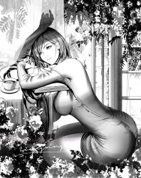Rule 34 | 1girl, arms on table, asymmetrical bangs, backless dress, backless outfit, bare shoulders, black hair, book, breasts, bush, coffee, cup, dress, drop earrings, earrings, final fantasy, final fantasy vii, final fantasy vii remake, flower, from side, greyscale, head rest, jewelry, large breasts, liang xing, long hair, long sleeves, looking to the side, low-tied long hair, monochrome, open book, parted lips, patreon username, plate, sideboob, signature, sitting, solo, spoon, square enix, tifa lockhart
