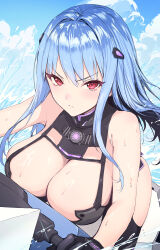 Rule 34 | 1girl, bare shoulders, black gloves, black leotard, black thighhighs, blue hair, blue sky, blush, breasts, center opening, cleavage, dolphin wave, gloves, hair ornament, hairclip, haoni, highres, jet ski, large breasts, leotard, long hair, looking at viewer, nayuki hiori, red eyes, sidelocks, sky, solo, thighhighs, thighs, wet