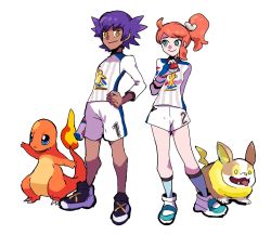 Rule 34 | 1boy, 1girl, aged down, bright pupils, charmander, closed mouth, creatures (company), dark-skinned male, dark skin, flame-tipped tail, full body, game freak, gen 1 pokemon, gen 8 pokemon, gloves, gym challenge uniform, hand on own hip, highres, leon (pokemon), looking at another, looking at viewer, nintendo, orange hair, pokemon, pokemon (creature), pokemon swsh, purple hair, shoes, short ponytail, simple background, single glove, sneakers, socks, sonia (pokemon), spiked hair, tofu (tttto f), white background, yamper, yellow eyes