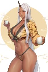 Rule 34 | 1girl, animal print, bikini, blush, breasts, cleavage, commentary, cowboy shot, cup, dark-skinned female, dark skin, english commentary, giving, highres, horns, large breasts, long hair, long sleeves, looking at viewer, lvl (sentrythe2310), navel, oni, oni horns, original, parted lips, pointy ears, ponytail, red eyes, single horn, smile, solo, swimsuit, teacup, thighs, tiger print, white hair
