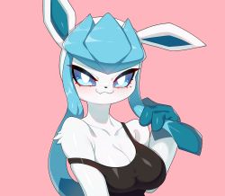 Rule 34 | 1girl, :3, animal ears, blue eyes, blue hair, body fur, breasts, bright pupils, cleavage, clothed pokemon, collarbone, commentary request, creatures (company), drunkoak, fang, furry, furry female, game freak, gen 4 pokemon, glaceon, gradient background, korean commentary, large breasts, long hair, looking at viewer, mole, mole under eye, nintendo, off shoulder, pink background, pokemon, pokemon (creature), solo, upper body, white fur, white pupils