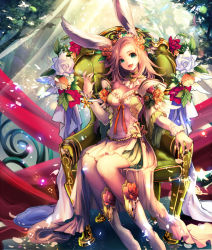 Rule 34 | 1girl, :3, :d, animal ears, bare shoulders, boots, breasts, brown hair, rabbit ears, chair, cleavage, flower, green eyes, green skirt, kether, long sleeves, looking at viewer, open mouth, original, pleated skirt, sitting, skirt, smile, solo, tree, veil, white footwear