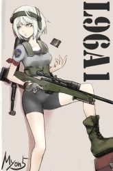 Rule 34 | 1girl, against wall, ai arctic warfare, armband, bad id, bad pixiv id, bike shorts, bolt action, boots, bulletproof vest, combat boots, crop top, cross-laced footwear, green hair, gun, headset, l96, lace-up boots, magazine (weapon), midriff, military operator, myon5, original, rifle, scope, short hair, sniper rifle, solo, trigger discipline, weapon