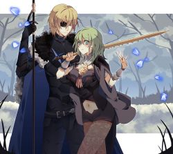 Rule 34 | 1boy, 1girl, armor, artist name, blonde hair, blue eyes, byleth (female) (fire emblem), byleth (fire emblem), cape, closed mouth, clothing cutout, commentary, damaged, dimitri alexandre blaiddyd, eine (eine dx), english commentary, eyepatch, fire emblem, fire emblem: three houses, fur trim, gloves, green eyes, green hair, highres, holding, holding polearm, holding sword, holding weapon, long hair, long sleeves, navel, navel cutout, nintendo, outdoors, pantyhose, petals, polearm, sword, sword of the creator, weapon, white background