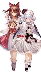 Rule 34 | 2girls, arm ribbon, ascot, bare shoulders, bat wings, blue hair, bow, branch, brown eyes, brown hair, capelet, cherry blossoms, commentary request, detached sleeves, dress, frilled bow, frills, full body, hair between eyes, hair bow, hair tubes, hakurei reimu, hat, hat ribbon, highres, holding, holding branch, long sleeves, looking at viewer, mob cap, multiple girls, open mouth, petticoat, pink eyes, red bow, red ribbon, red sash, red skirt, remilia scarlet, ribbon, ribbon-trimmed dress, ribbon-trimmed sleeves, ribbon trim, sash, shoes, short hair, sidelocks, simple background, skirt, skirt set, smile, socks, touhou, white background, white capelet, white dress, white footwear, white hat, white skirt, white socks, wide sleeves, wings, yellow ascot, yuki (popopo)