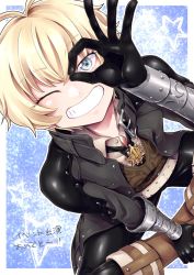 Rule 34 | 1boy, billy the kid (fate), black pants, blonde hair, blue eyes, collared shirt, fate (series), gloves, jacket, jewelry, leather, leather gloves, leather pants, male focus, necklace, ok sign, one eye closed, open clothes, open jacket, pants, shinkai kiiro, shirt, sitting, smile, solo, star-shaped pupils, star (symbol), symbol-shaped pupils
