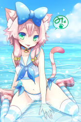 Rule 34 | 1girl, 515m, animal ears, animal hands, aqua eyes, arisu (kuroki mashiro), bell, bikini, bow, cat ears, cat paws, cat tail, cloud, collar, crop top, day, gradient eyes, hair bell, hair bow, hair ornament, highres, looking at viewer, multicolored eyes, navel, original, partially submerged, pink hair, sitting, solo, striped clothes, striped thighhighs, swimsuit, tail, tankini, thighhighs, tongue, wariza, water
