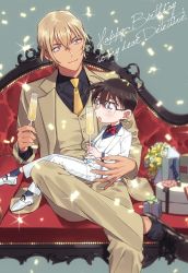 Rule 34 | 2boys, age difference, alcohol, amuro tooru, arm around waist, black-framed eyewear, black footwear, black legwear, black shirt, blonde hair, blouse, blue eyes, blurry, blush, bouquet, bow, bowtie, box, brown hair, brown jacket, brown pants, brown vest, champagne, champagne flute, child, closed mouth, collared shirt, commentary request, couch, crossed legs, cup, depth of field, drink, drinking glass, edogawa conan, english text, fingernails, flower, foot out of frame, formal, gift, gift box, glasses, grey background, hair between eyes, happy birthday, height difference, holding, holding cup, jacket, k (gear labo), long sleeves, looking at another, male focus, meitantei conan, multiple boys, necktie, on couch, open clothes, open jacket, open mouth, pants, red bow, red neckwear, shirt, shoes, short hair, simple background, sitting, sitting on lap, sitting on person, smile, socks, sparkle, suit, vest, white footwear, white jacket, white pants, white suit, white vest, yaoi, yellow neckwear