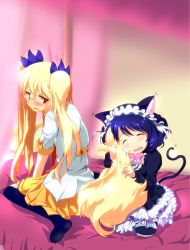 Rule 34 | 10s, 2girls, animal ears, black hair, cat ears, cat tail, closed eyes, cyan (show by rock!!), dog tail, glasses, highres, hugging another&#039;s tail, hugging tail, kaburaya seiden, long hair, multiple girls, red eyes, retoree (show by rock!!), short hair, show by rock!!, striped clothes, striped legwear, striped thighhighs, tail, thighhighs, twintails, yuri