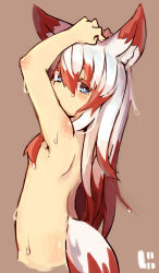 Rule 34 | 1girl, animal ears, blue eyes, breasts, convenient censoring, fox ears, fox tail, hair censor, hair over breasts, highres, long hair, multicolored hair, nude, original, red hair, small breasts, solo, tail, tears, two-tone hair, wet, white hair, zizi niisan