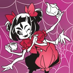 Rule 34 | arthropod girl, cup, extra arms, fangs, hair ribbon, insect girl, kettle, kinifuness, lowres, muffet, one eye closed, ribbon, silk, solo, spider girl, spider web, spider web background, teacup, twintails, two side up, undertale